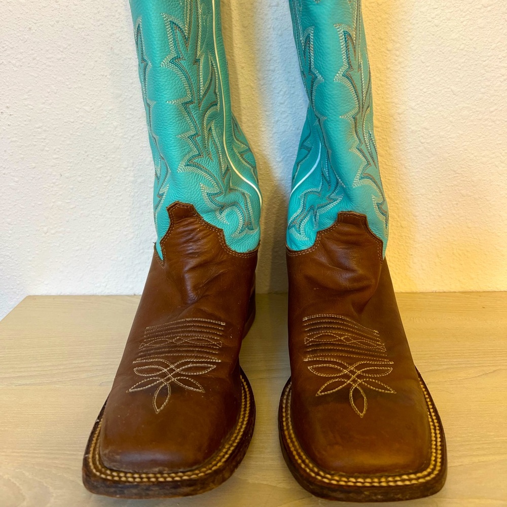 JUSTIN Cowgirl Boots, Teal & Brown Leather with square toe. Size 7.5 B